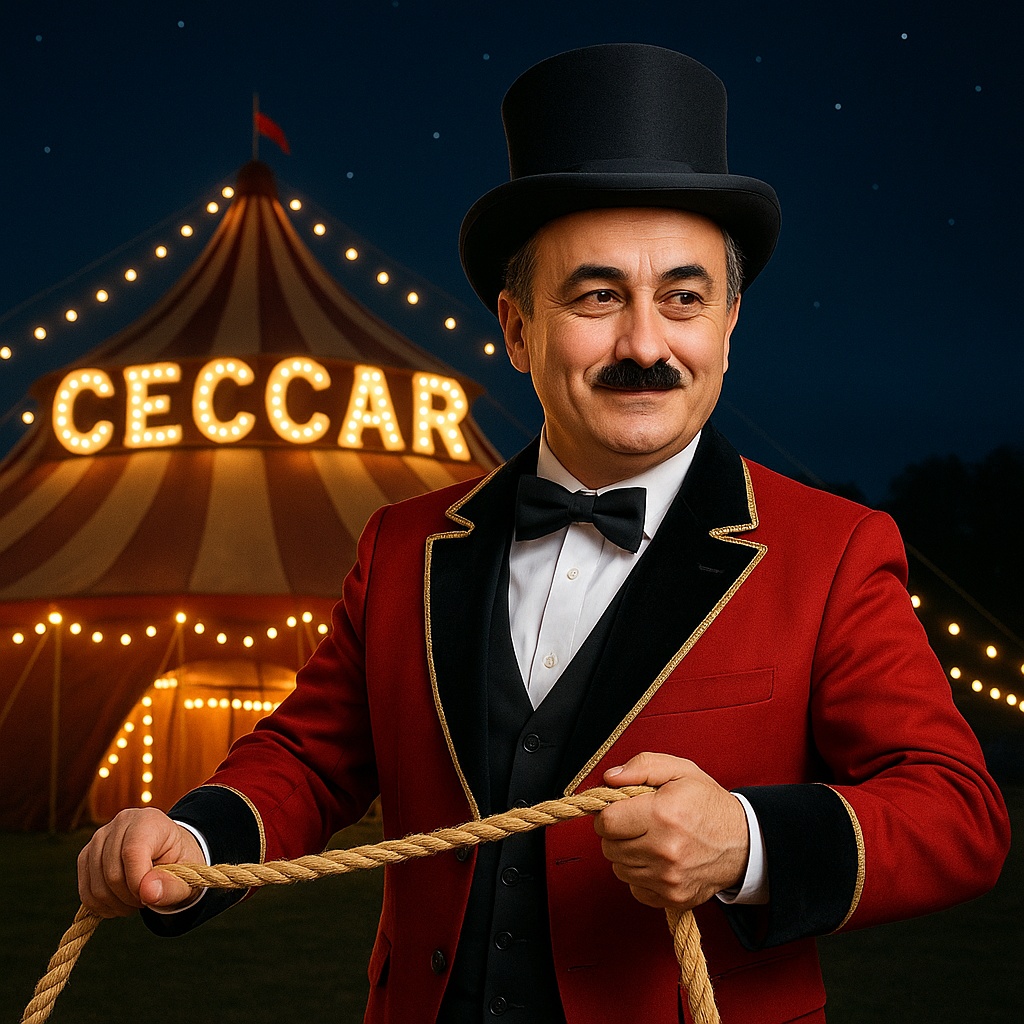 Ilustrație satirică cu Șova ținând o funie în fața unui cort de circ inscripționat CECCAR, simbol al dresajului birocratic și al falsului spectacol al transformării digitale.